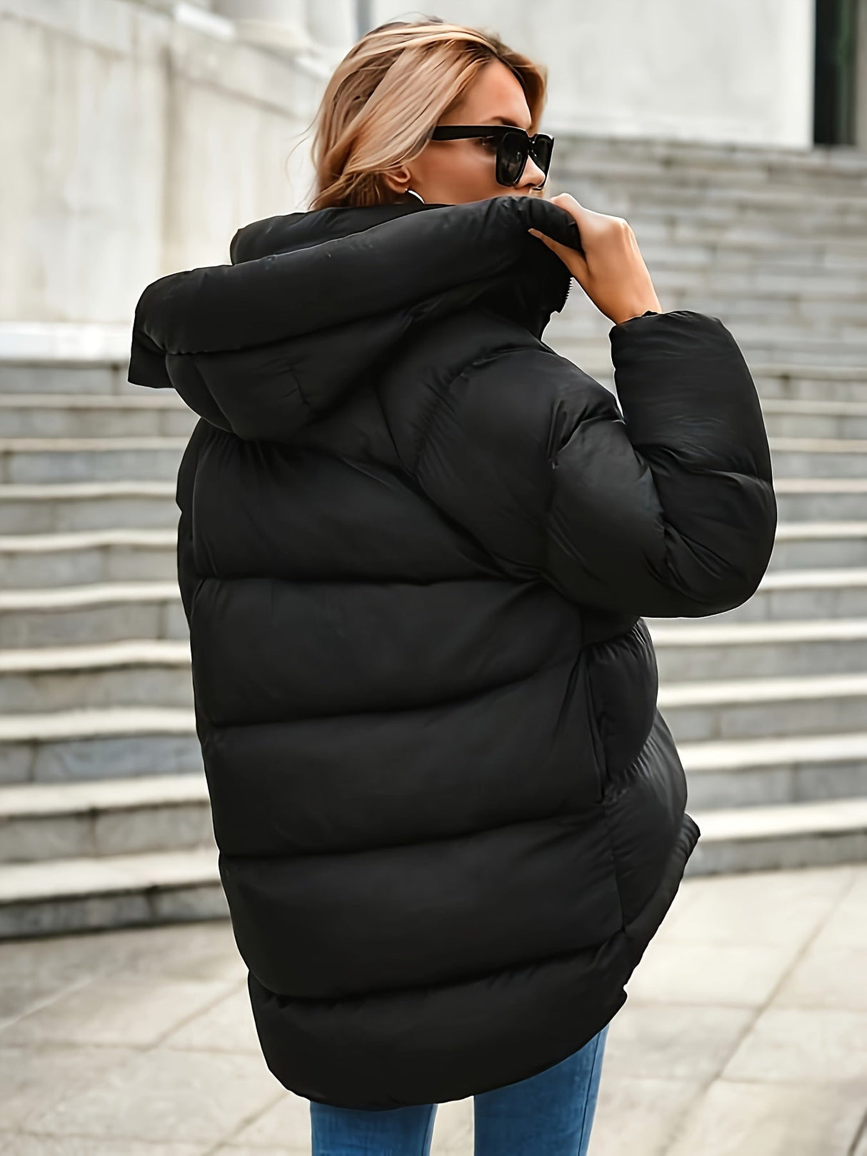 Womens Short Puffer Jacket Black Quilted Winter Coat - Product example