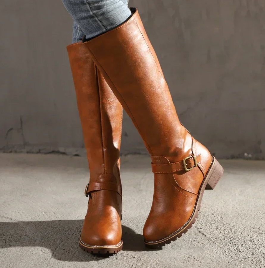 Classic Knee High Boots Brown Leather With Buckle Detail - Product showcase