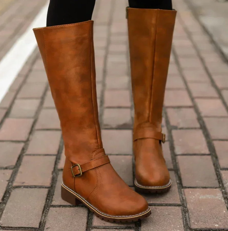 Classic Knee High Boots Brown Leather With Buckle Detail - Detailed view