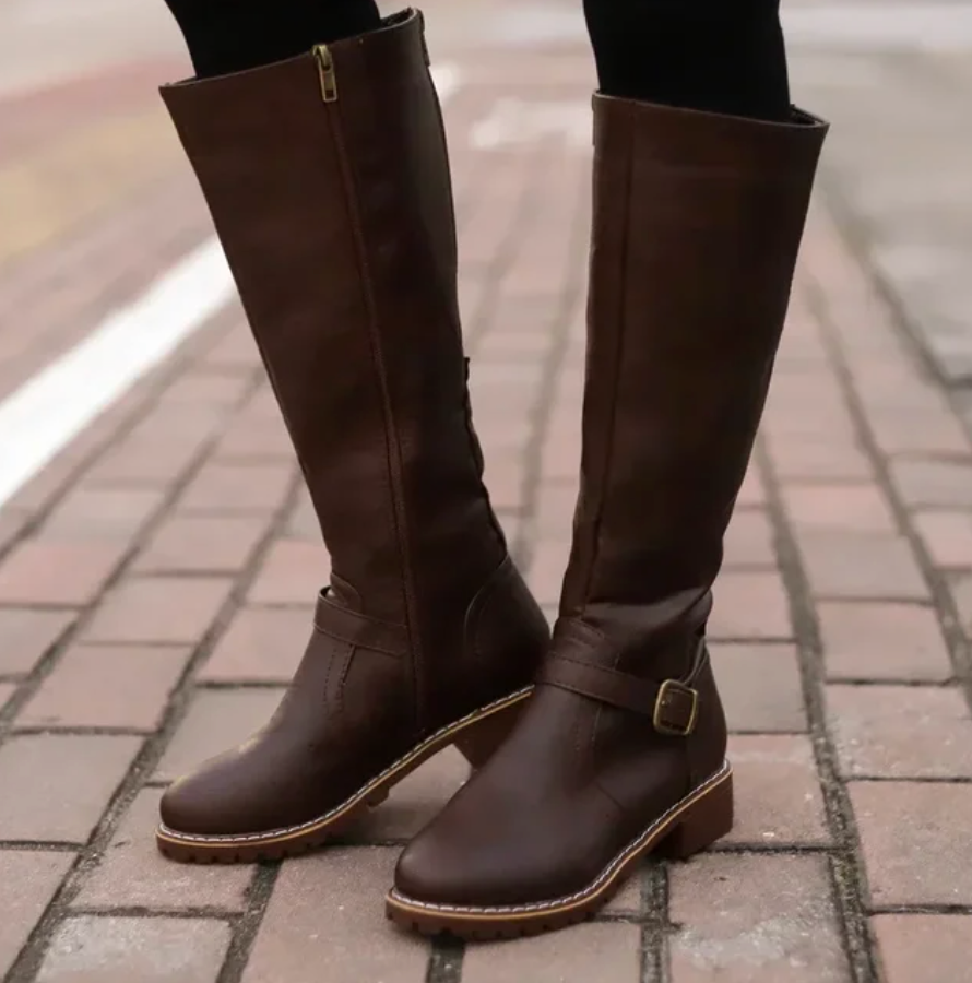 Classic Knee High Boots Brown Leather With Buckle Detail - Product example