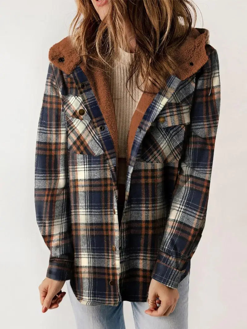Plaid Hooded Jacket Fleece Lined Winter Coat - Product showcase