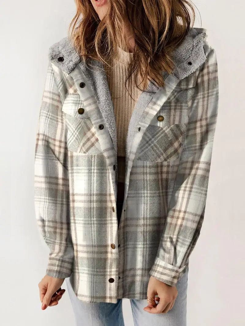 Plaid Hooded Jacket Fleece Lined Winter Coat - Product example
