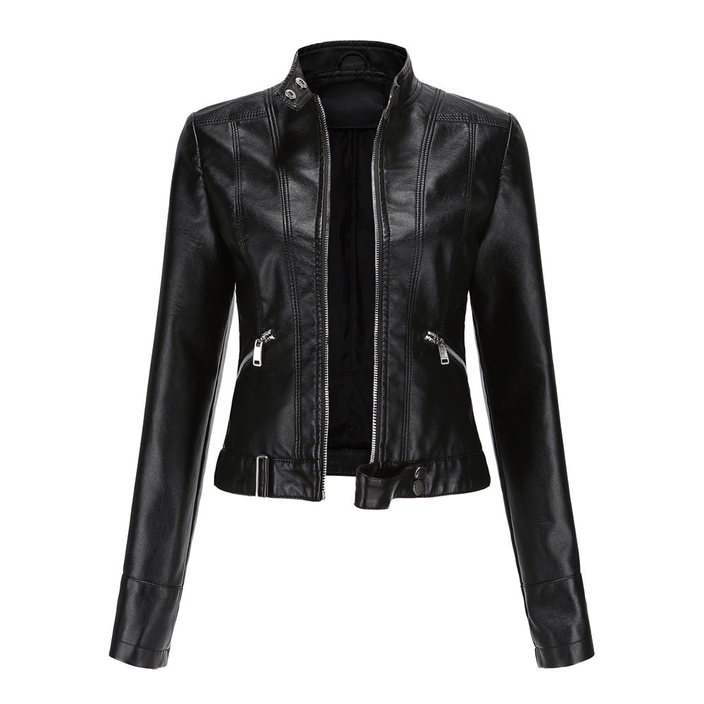 Womens Moto Leather Jacket Slim Fit High Collar Design - Product showcase