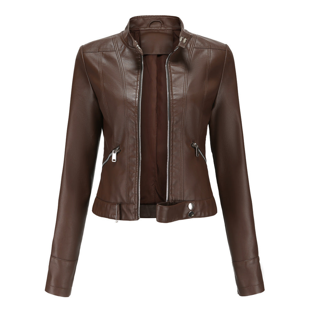 Womens Moto Leather Jacket Slim Fit High Collar Design - Product example