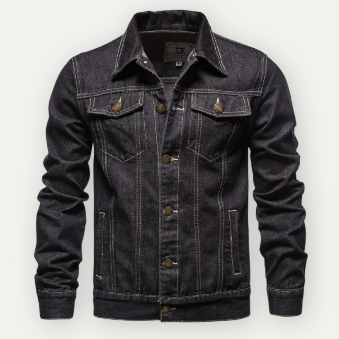 Classic Denim Trucker Jacket Raw Black Contrast Stitching - Product showcase
