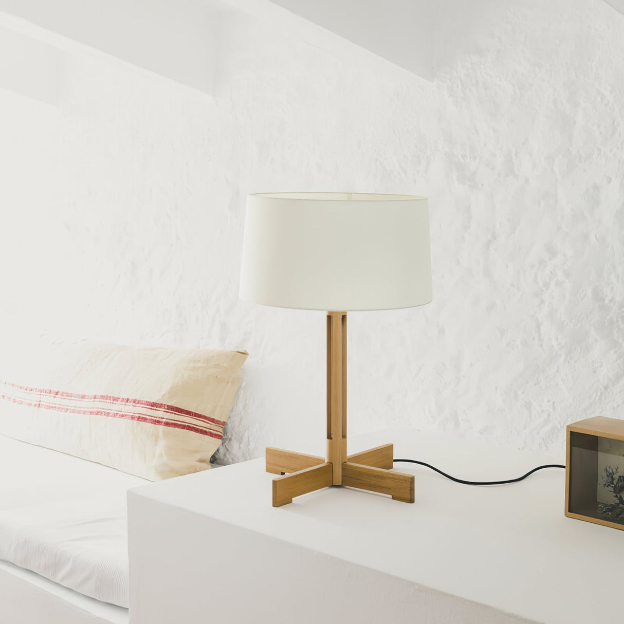 Scandinavian Table Lamp Oak Cross Base With Linen Shade - Product example