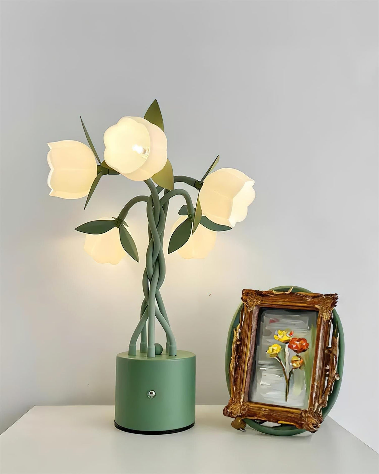 Floral Table Lamp White Tulip Design With Green Base - Product detail 10