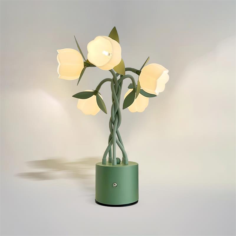 Floral Table Lamp White Tulip Design With Green Base - Detailed view
