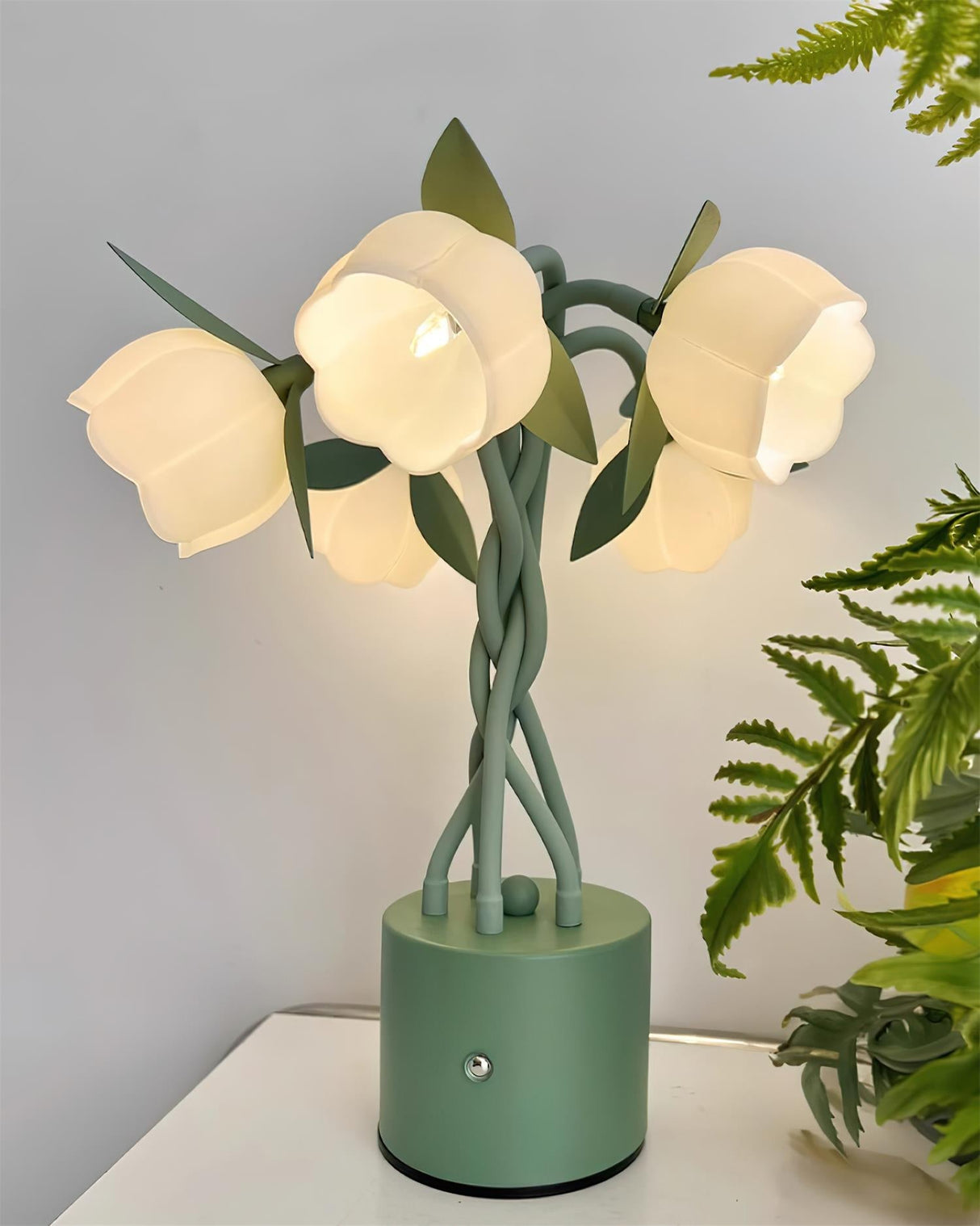 Floral Table Lamp White Tulip Design With Green Base - Product detail 4