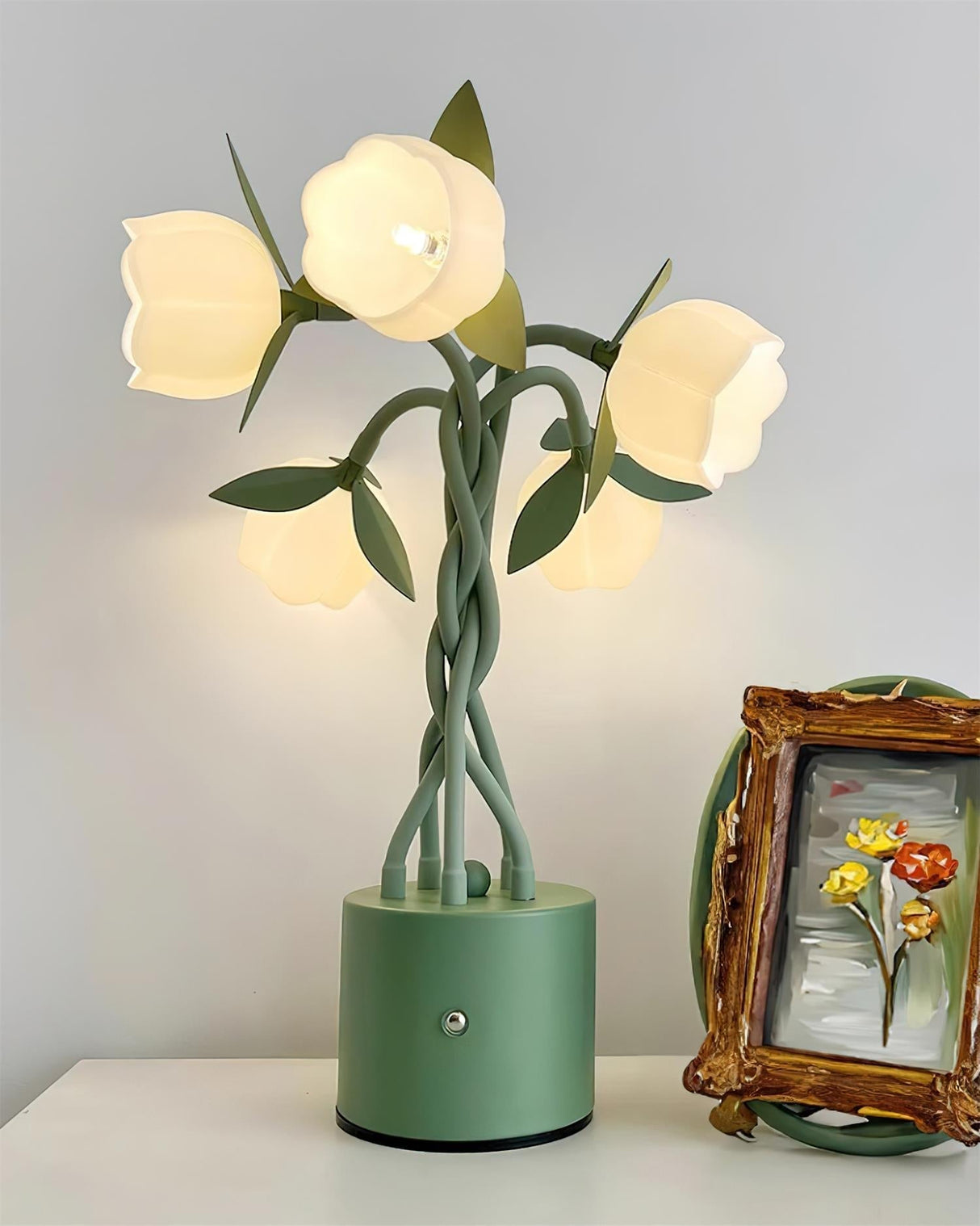 Floral Table Lamp White Tulip Design With Green Base - Product detail 5