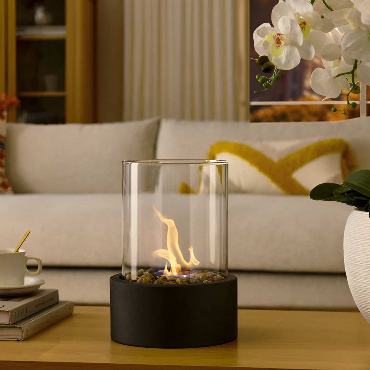 Tabletop Fireplace Contemporary Glass Cylinder Design - Detailed view
