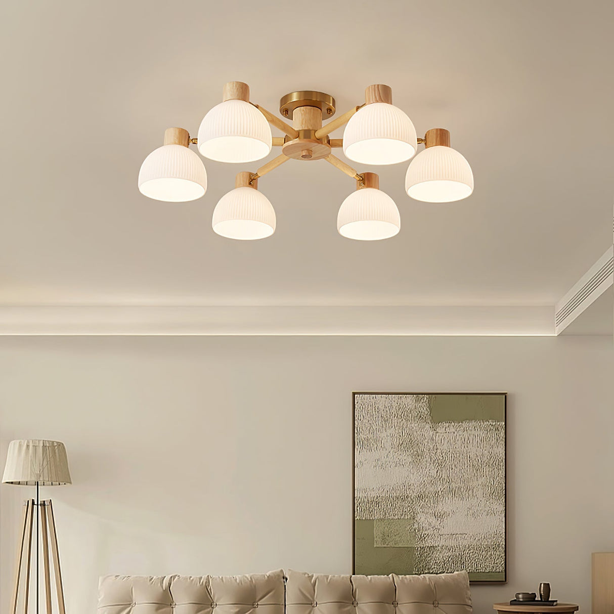 Modern Ceiling Light Natural Wood Glass Chandelier - Detailed view