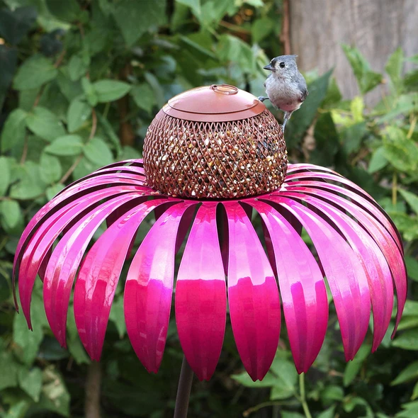 Decorative Metal Bird Feeder Pink Flower Garden Ornament - Product showcase
