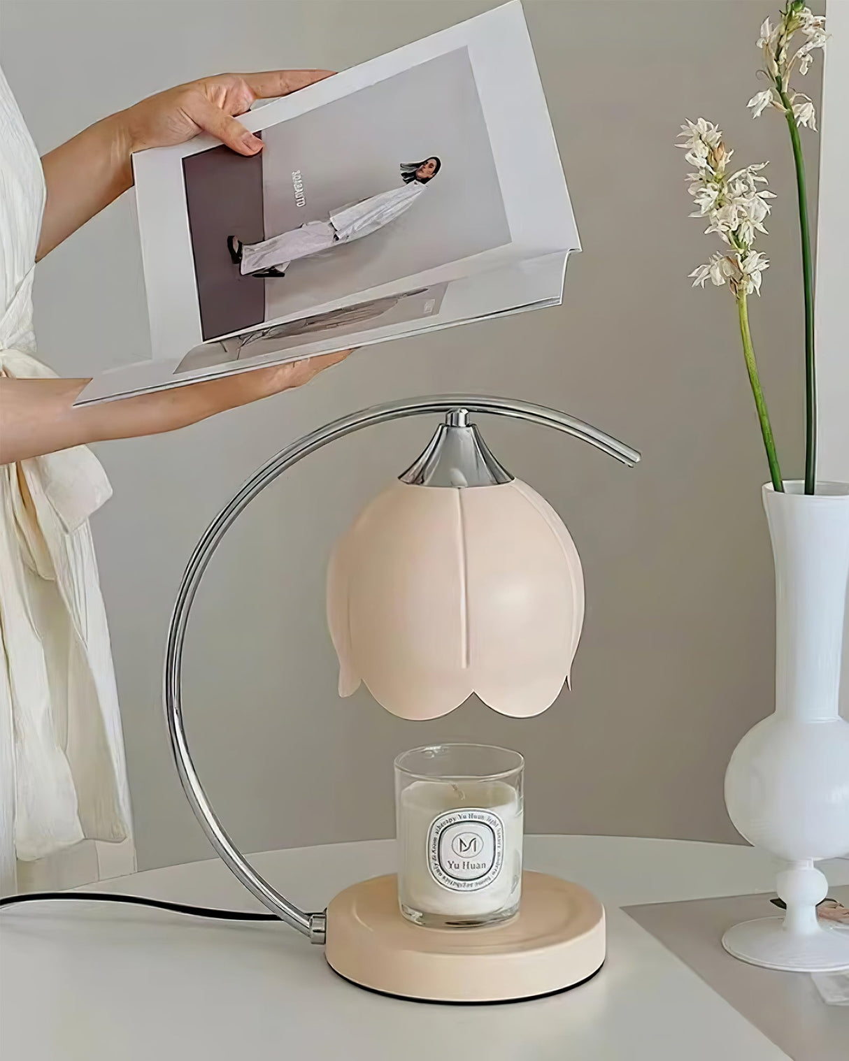 Floral Table Lamp Pink Petal Shade With Candle Warmer - Product detail 6