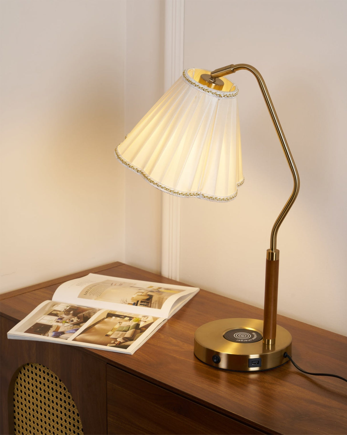 Vintage Table Lamp Brass Base with Pleated Shade - Detailed view