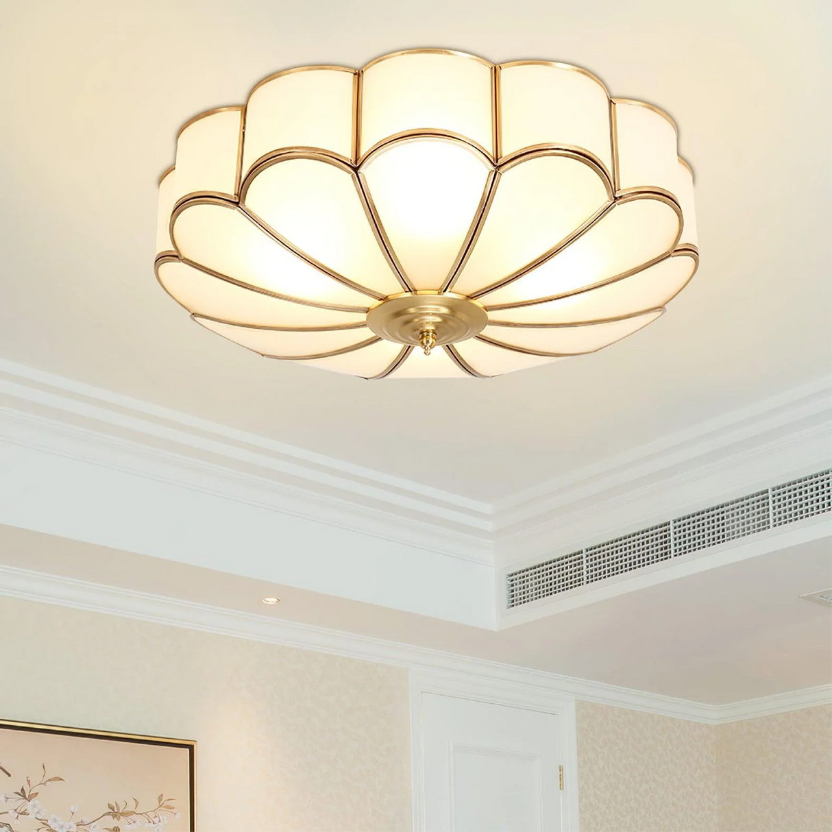 Art Deco Ceiling Light Floral Glass Shade With Brass Trim - Product example