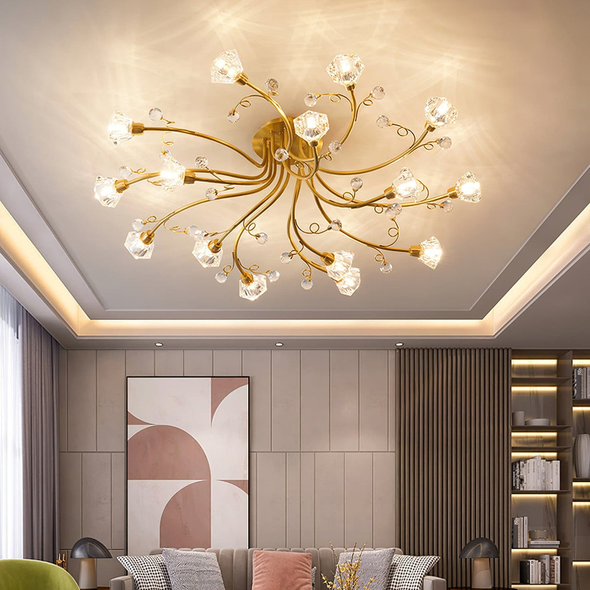 Crystal Ceiling Light Brass Floral Branch Design - Detailed view