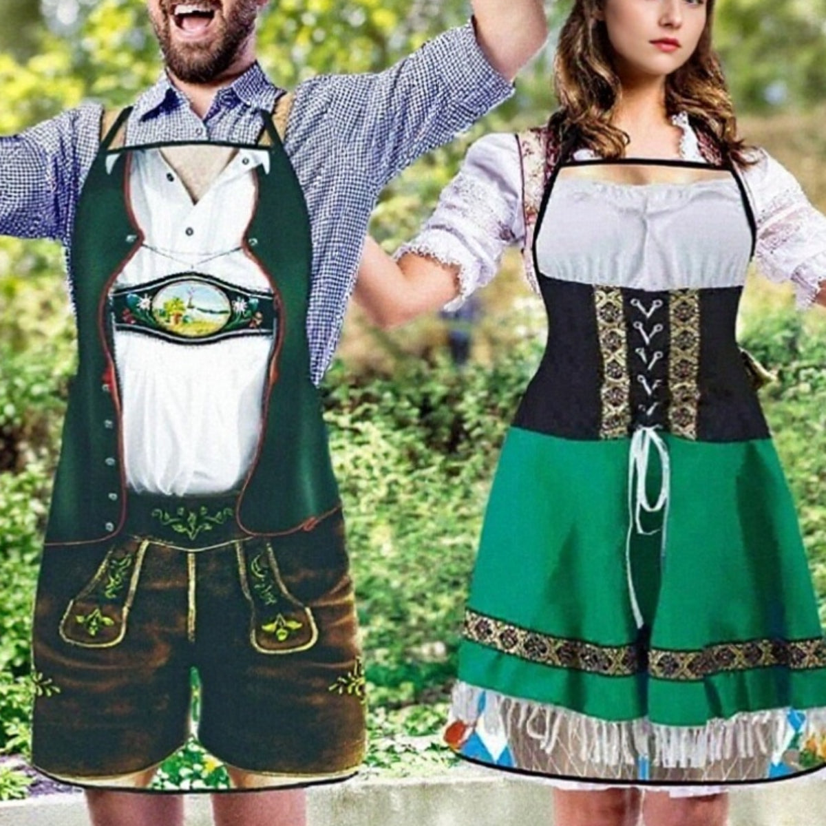 Traditional Oktoberfest Aprons Bavarian Couple Set With Dirndl Lederhosen Print - Detailed view