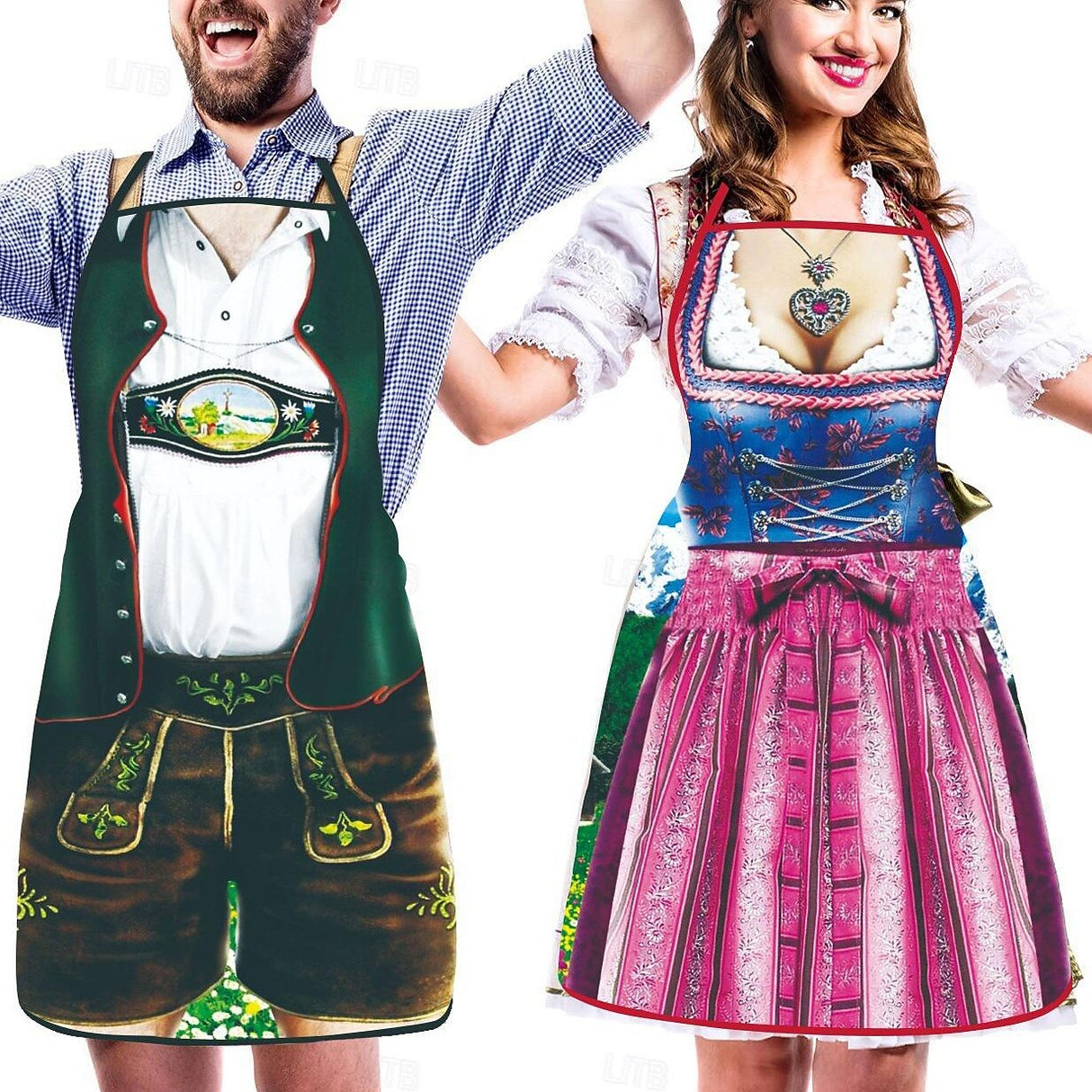 Traditional Oktoberfest Aprons Bavarian Couple Set With Dirndl Lederhosen Print - Product detail 8
