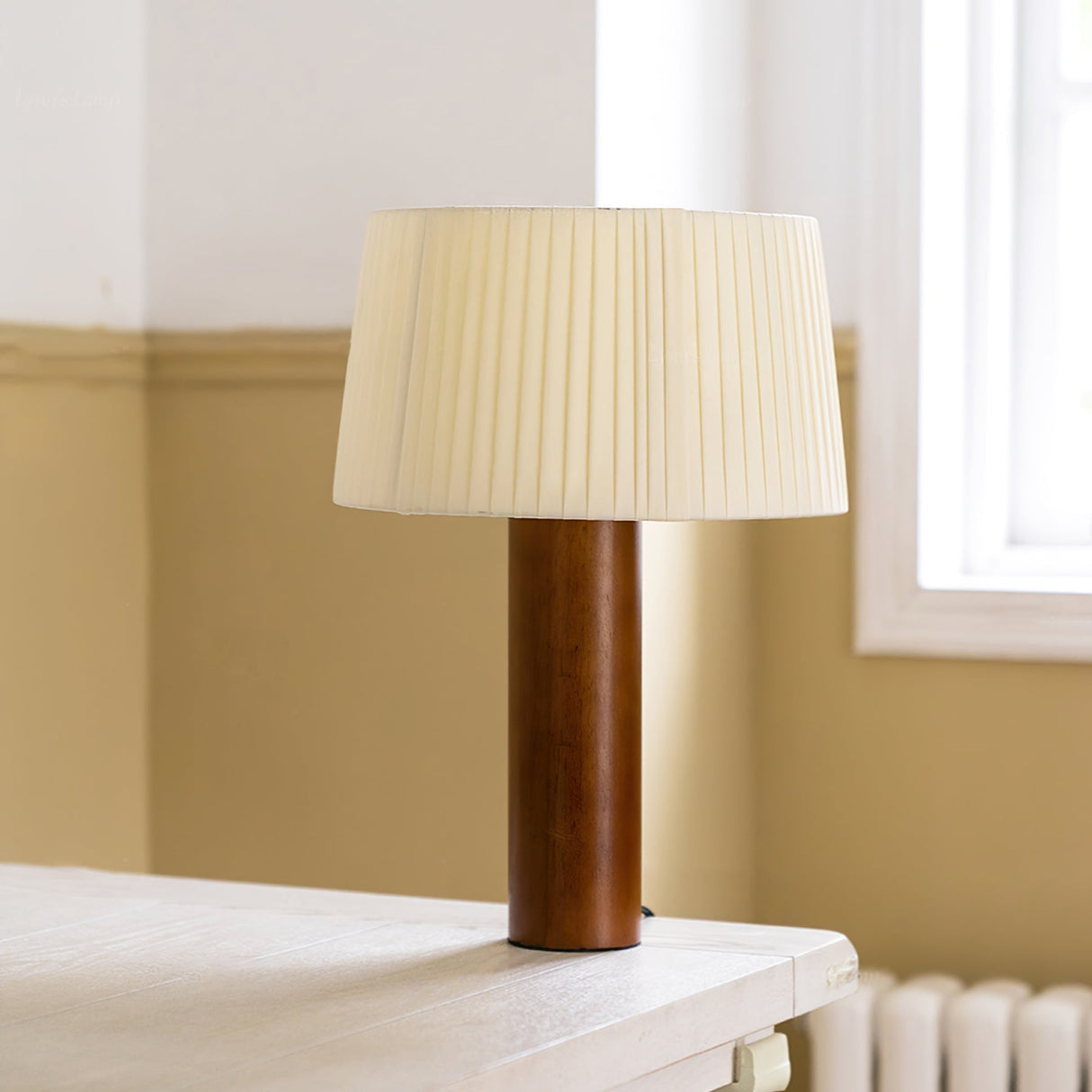 Wooden Table Lamp Natural Walnut Base with Pleated Shade - Detailed view
