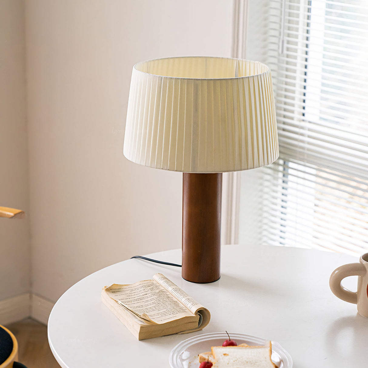 Wooden Table Lamp Natural Walnut Base with Pleated Shade - Product example