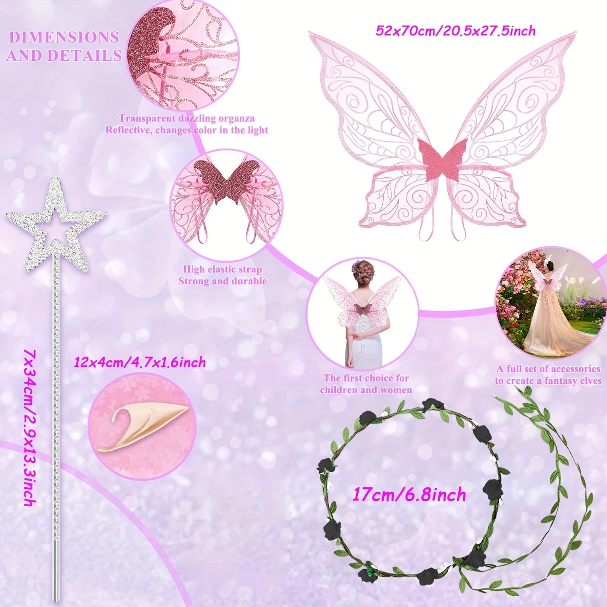 Fairy Wings Costume Accessory  Glitter Pink Butterfly Design - Product detail 8