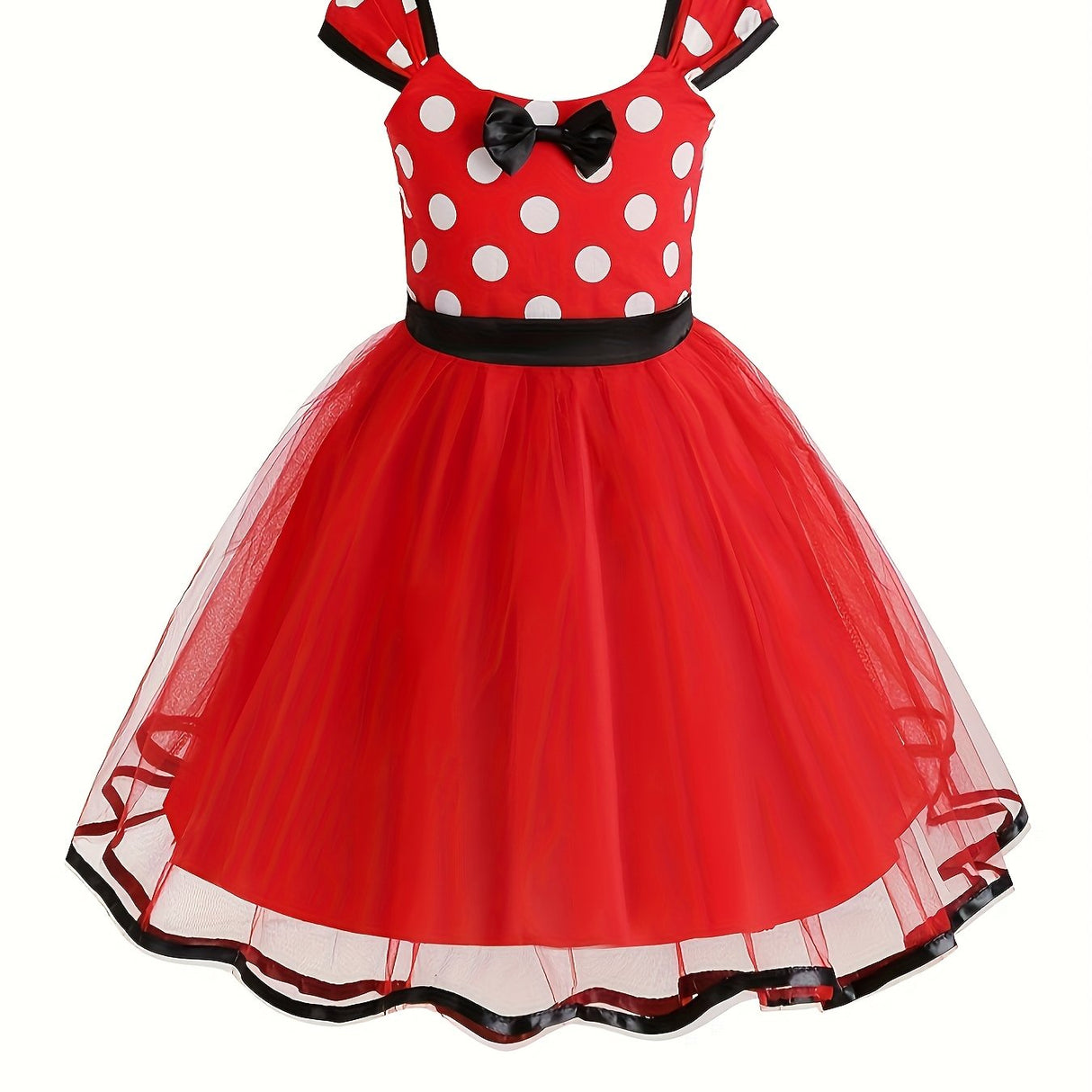 Girls Polka Dot Tulle Dress  Classic Red With Black Bow - Product showcase