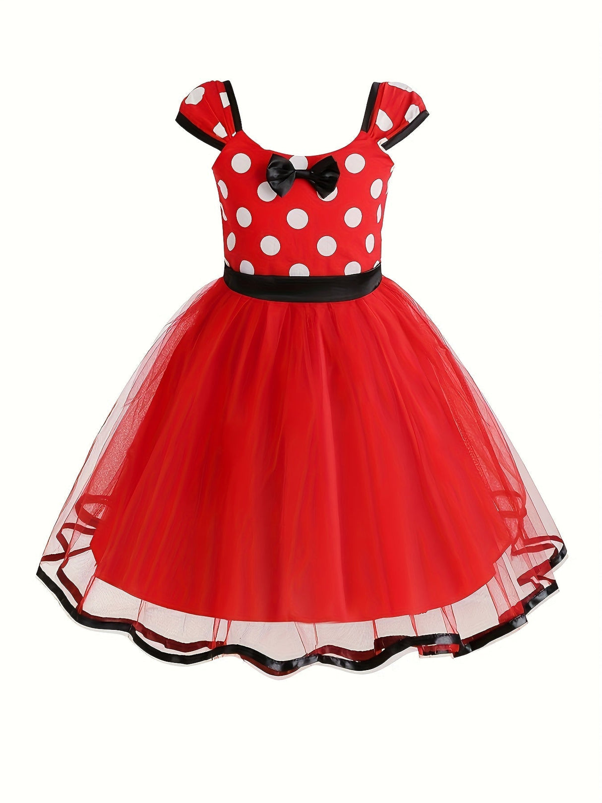 Girls Polka Dot Tulle Dress  Classic Red With Black Bow - Product detail 4