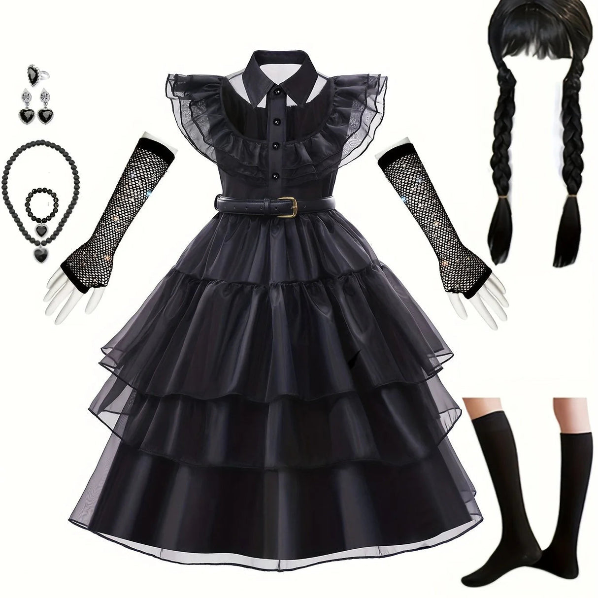 Gothic Tiered Dress  Black Ruffled Costume With Accessories - Product showcase