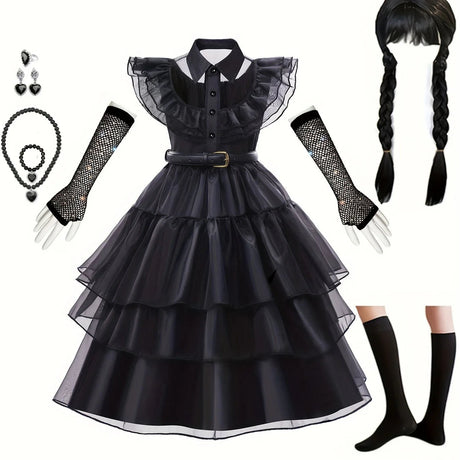 Gothic Tiered Dress  Black Ruffled Costume With Accessories - Product showcase
