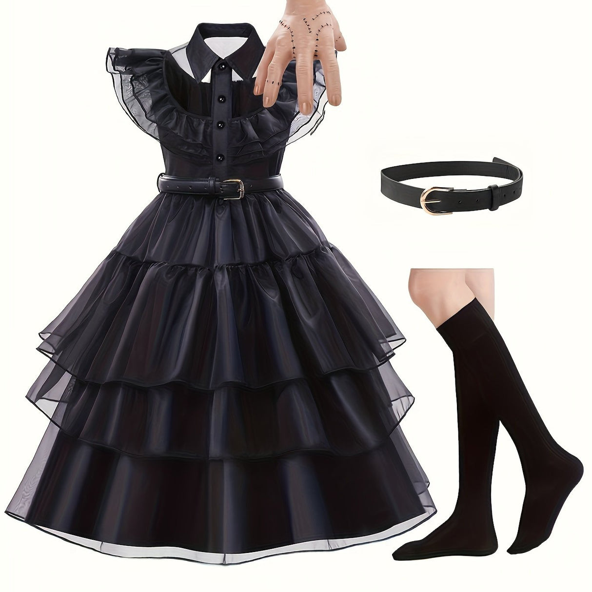 Gothic Tiered Dress  Black Ruffled Costume With Accessories - Product detail 4