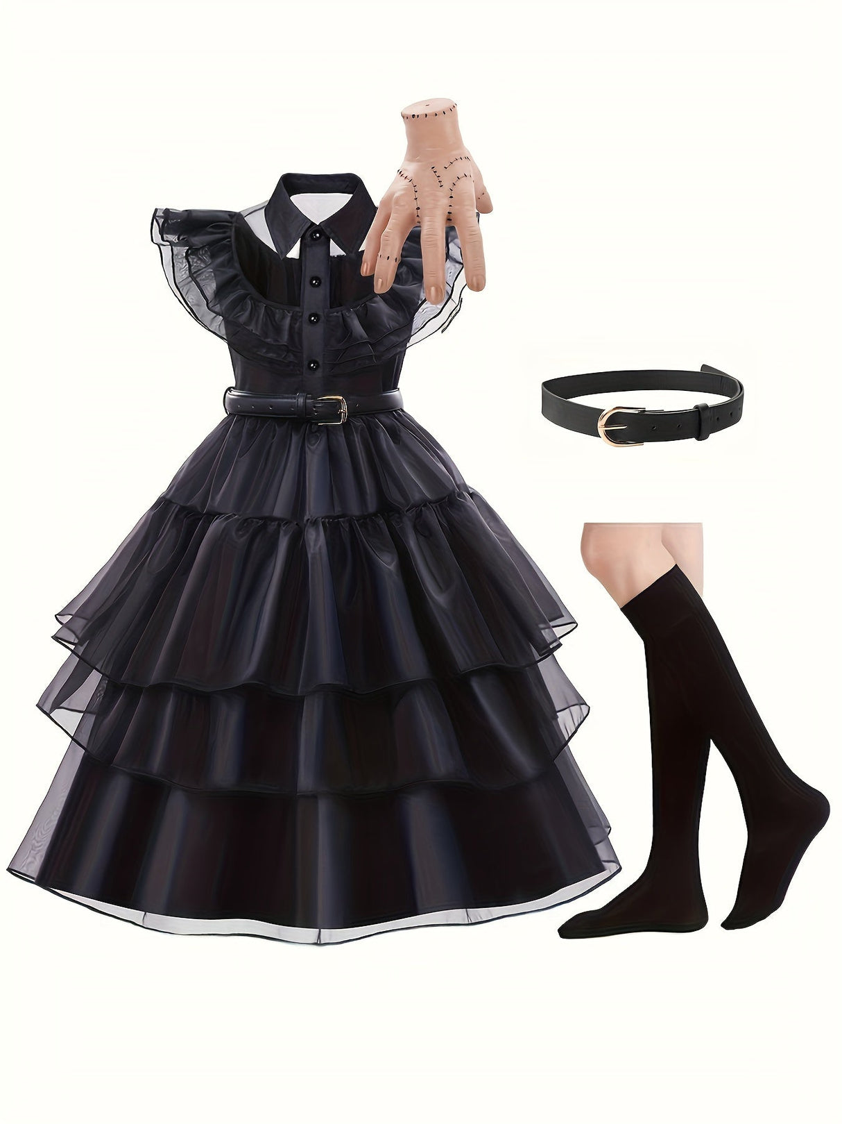 Gothic Tiered Dress  Black Ruffled Costume With Accessories - Product detail 7