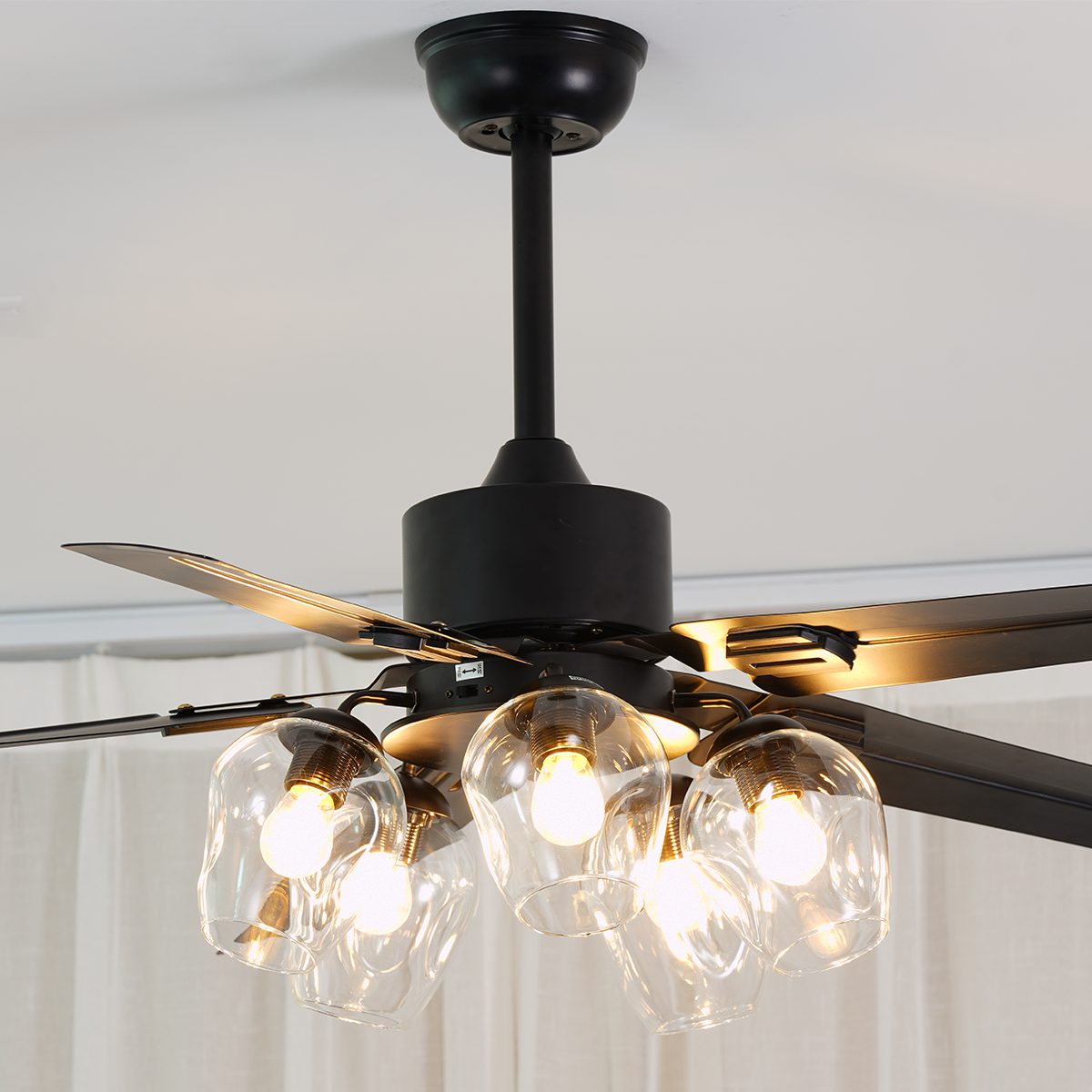 Modern Glass Ceiling Fan Black Metal Frame With Clear Shades - Product example