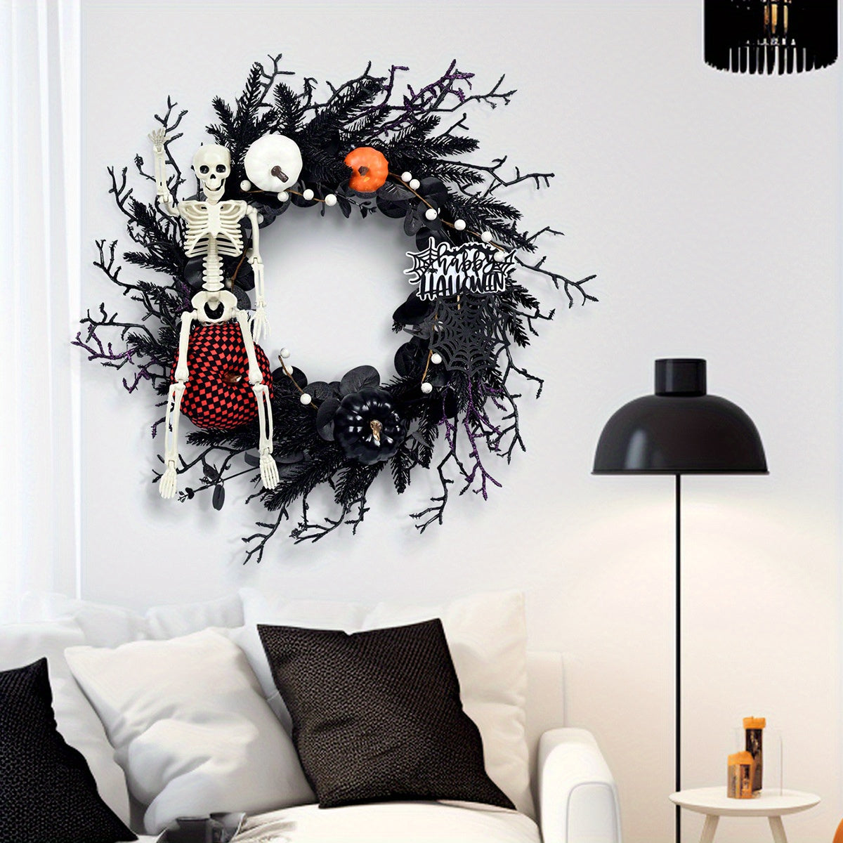 Gothic Halloween Wreath Skeleton Pumpkin Door Decor - Detailed view