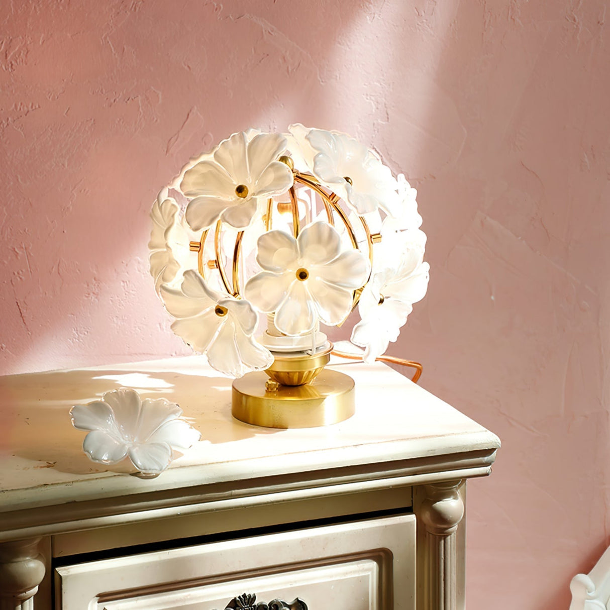 Floral Table Lamp White Glass Petals with Gold Accents - Product example