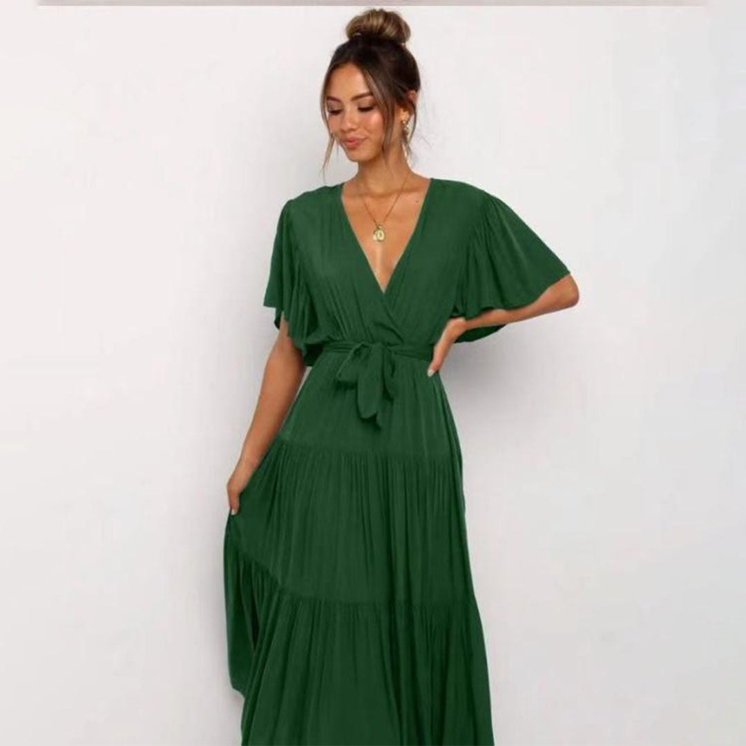 Elegant Wrap Midi Dress Flutter Sleeve V-Neck Design - Product example
