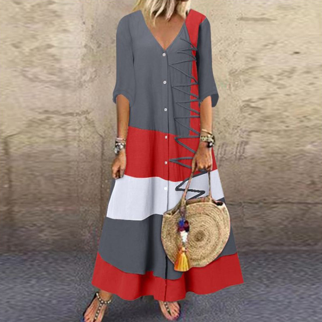 Color Block Maxi Dress V-Neck Button Front Design - Product example