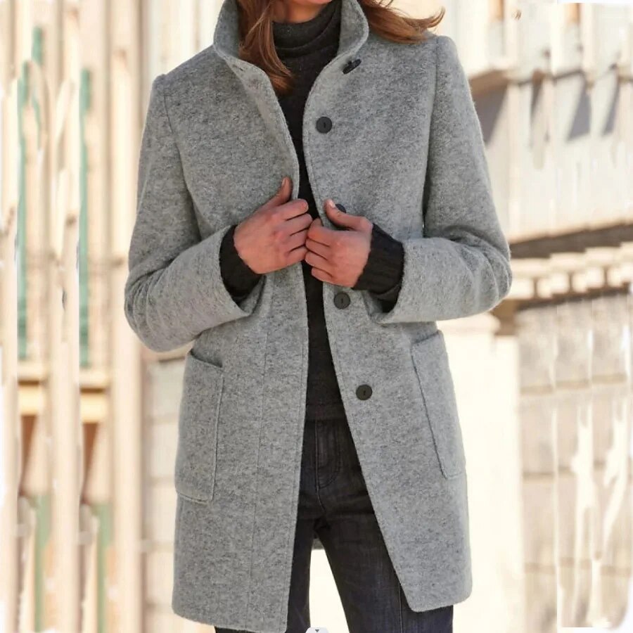 Wool Winter Coat Stand Collar Gray Design - Product showcase