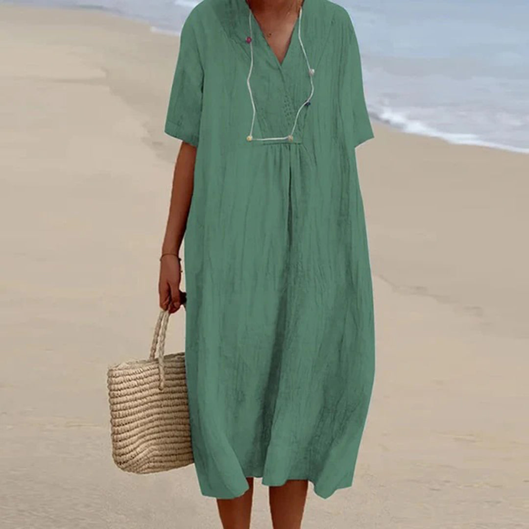 Summer Linen Midi Dress V-Neck Loose Fit Design - Product detail 6