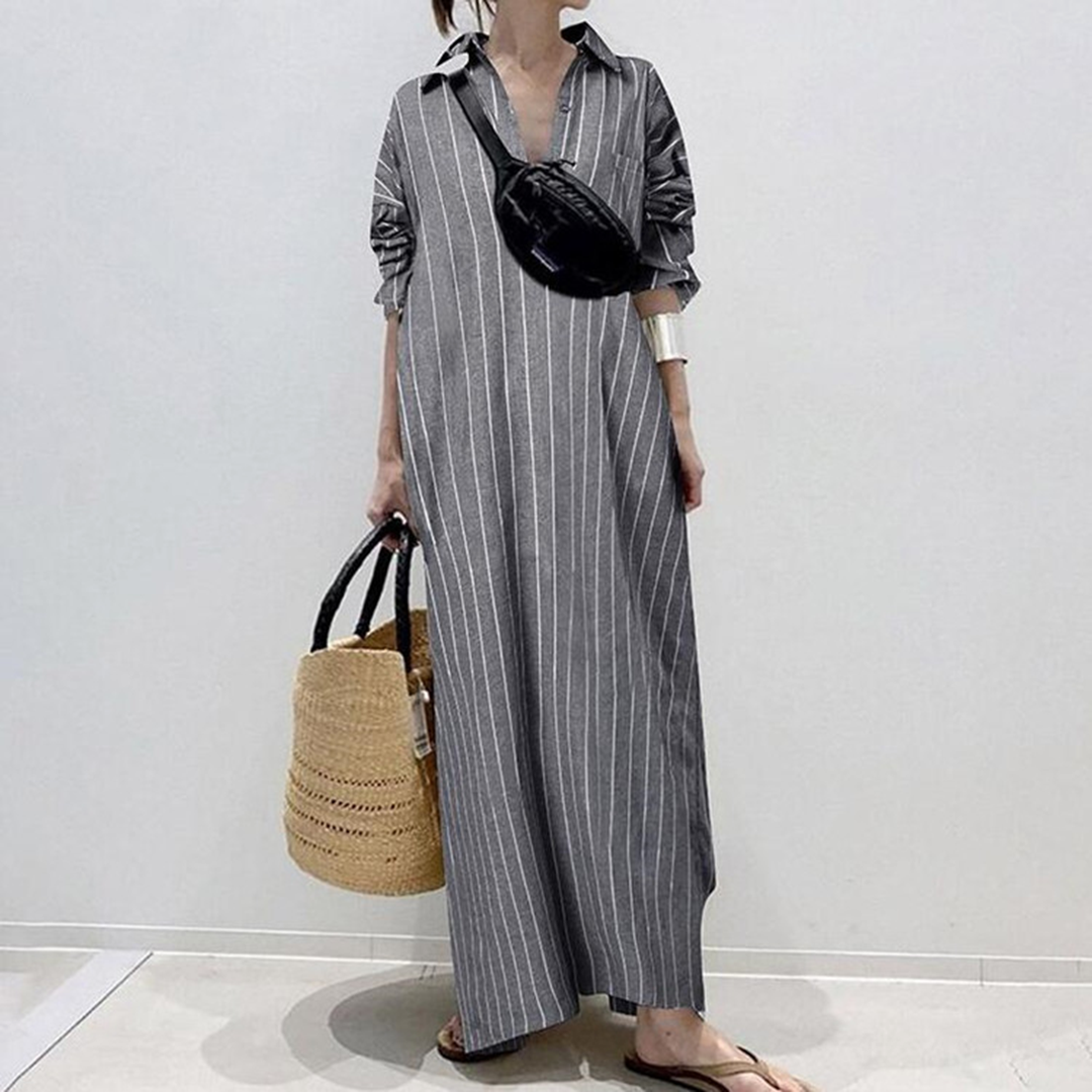 Striped Maxi Dress Relaxed Cotton Blend Long Shirt Style - Product showcase