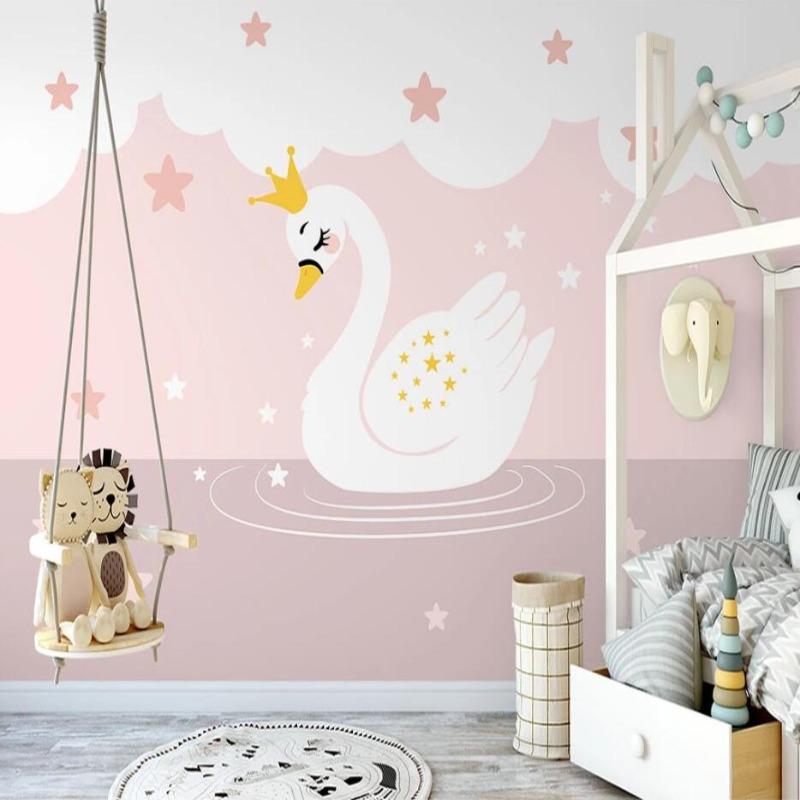Swan Princess Mural Wallpaper | Pink Starry Design with Crown
