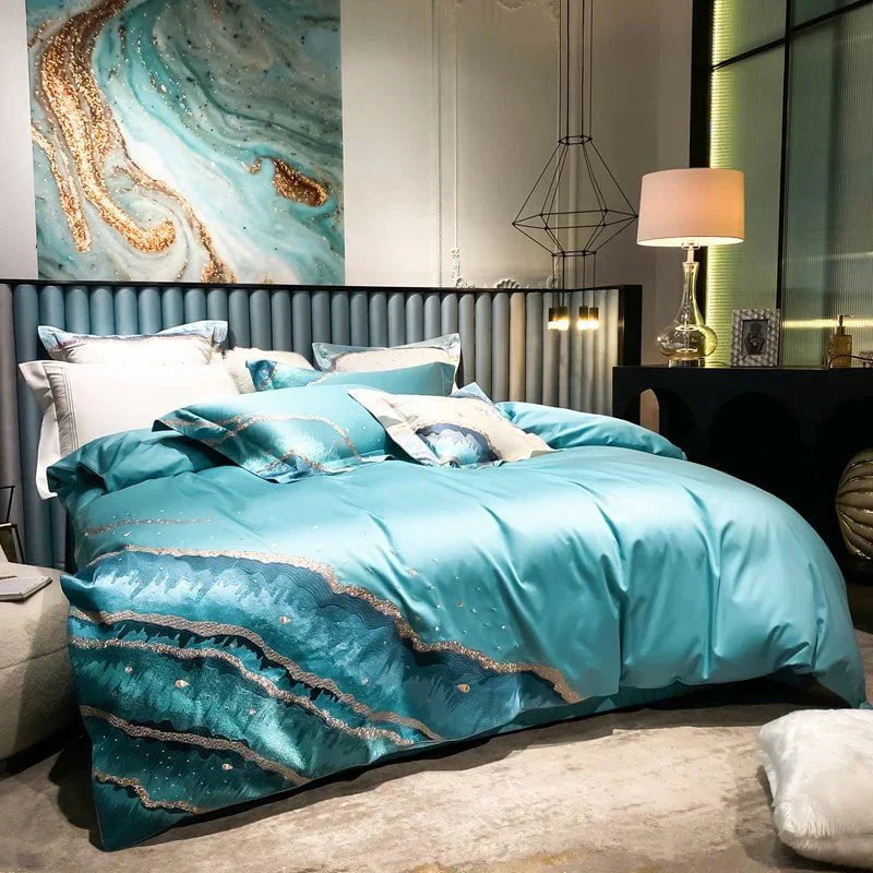 Luxury Egyptian Cotton Duvet Set  Ocean Wave Design With Gold Accents - Product detail 11