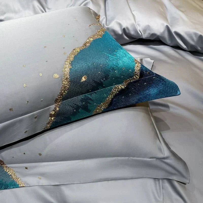 Luxury Egyptian Cotton Duvet Set  Ocean Wave Design With Gold Accents - Product detail 8