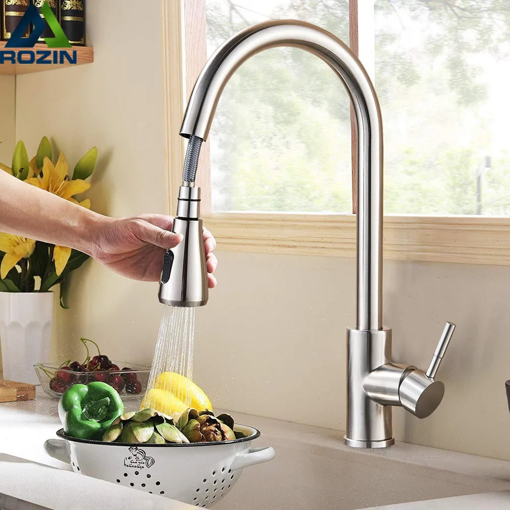 Modern Pull Down Kitchen Faucet Brushed Nickel Flexible Spout - Product showcase
