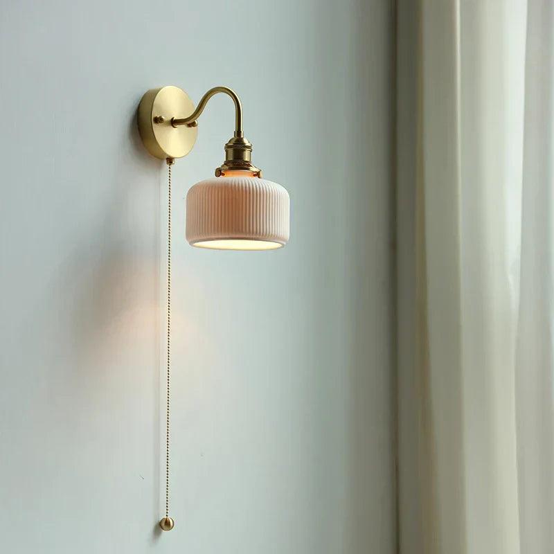 Nordic Ceramic Wall Light Ribbed Glass Shade With Brass Fixture - Product example