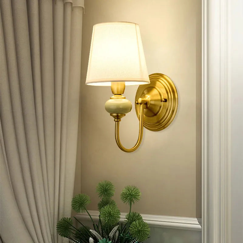 Modern LED Wall Sconce Brass Finish With Fabric Shade - Detailed view