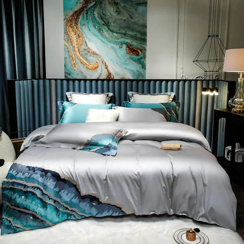 Luxury Egyptian Cotton Duvet Set  Ocean Wave Design With Gold Accents - Product detail 5