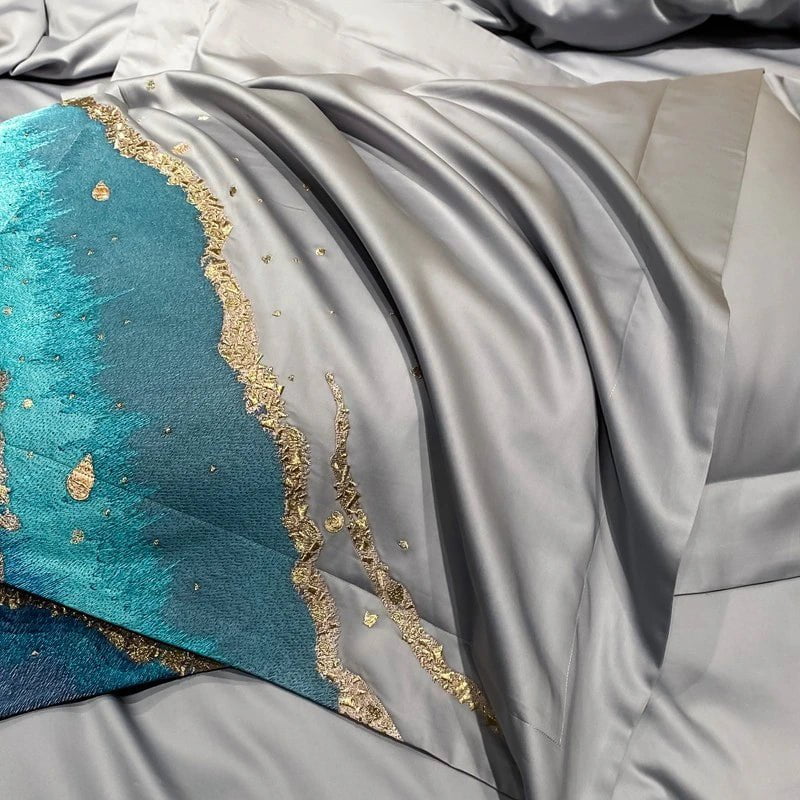 Luxury Egyptian Cotton Duvet Set  Ocean Wave Design With Gold Accents - Product detail 9