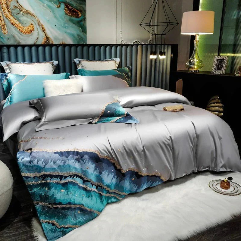 Luxury Egyptian Cotton Duvet Set  Ocean Wave Design With Gold Accents - Product detail 6