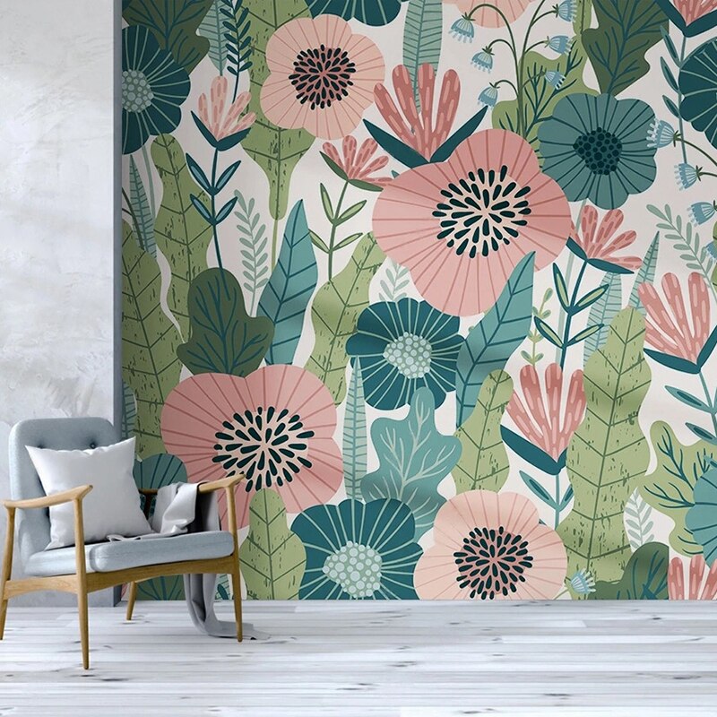Floral Mural Wallpaper | Pink and Teal Botanical Pattern